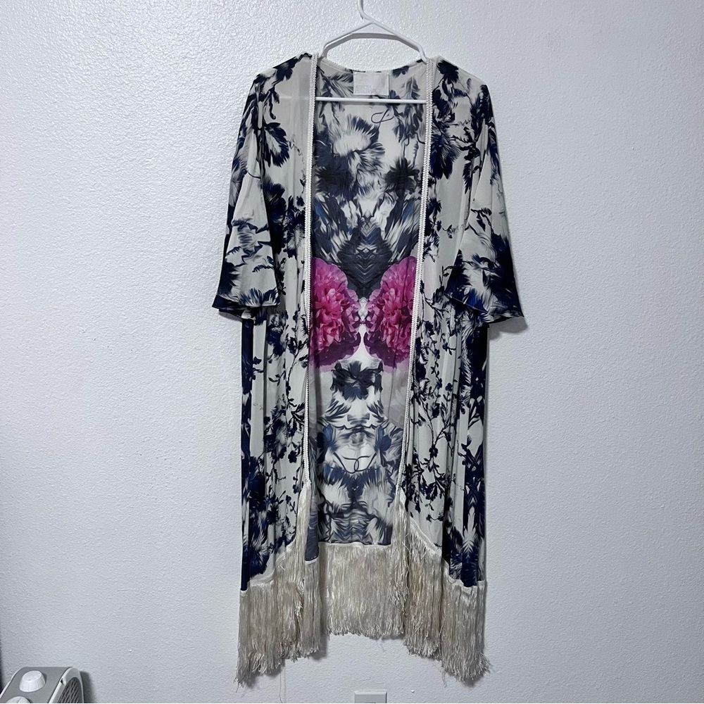 ATHENA PROCOPIOU Floral Blue Cream White Silk Kimono Size M / L